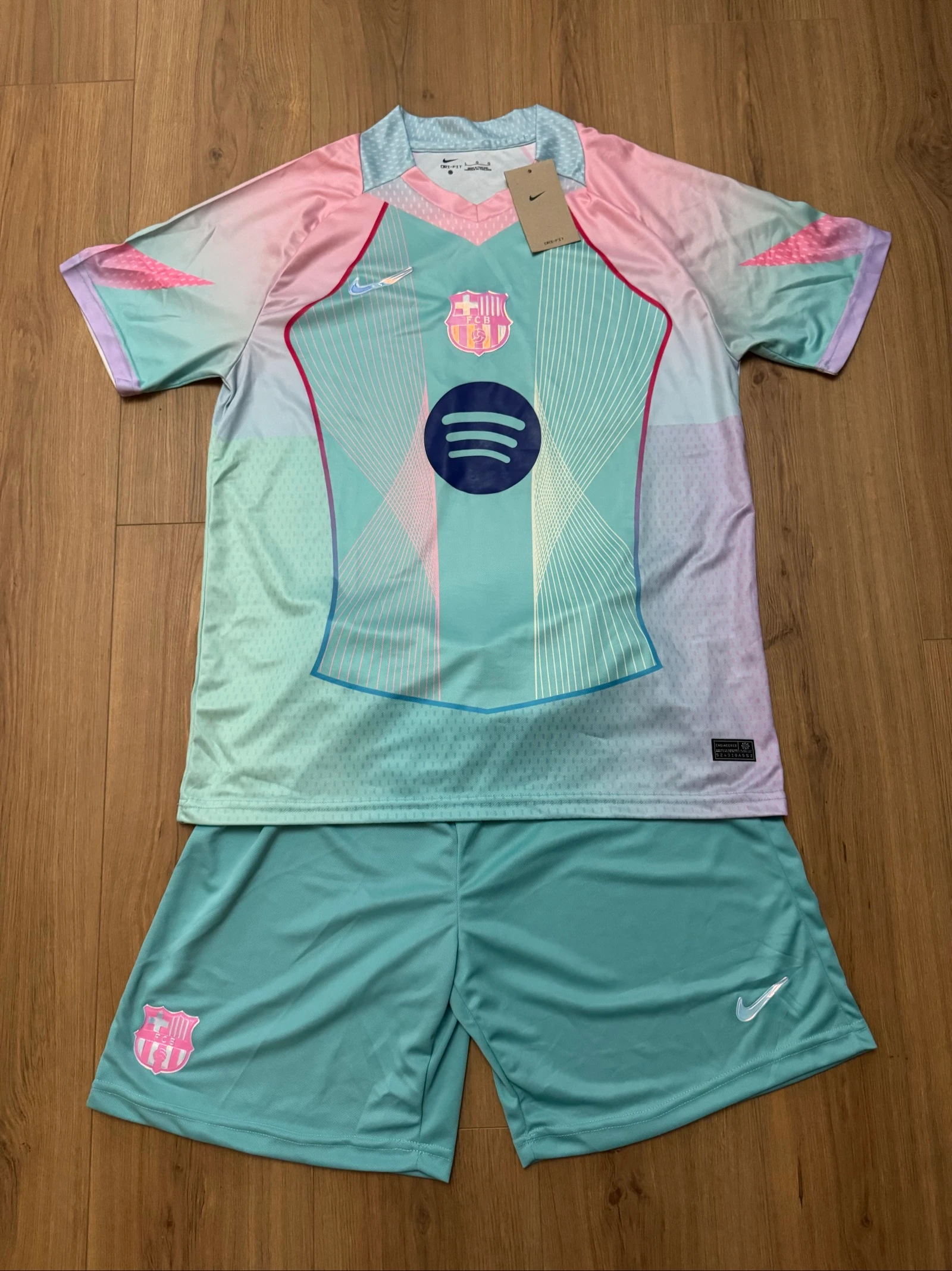 Nike FC Barcelona 24/25 Away Football Kit Set Pink & Turquoise – Jersey + Shorts – New with Tags
